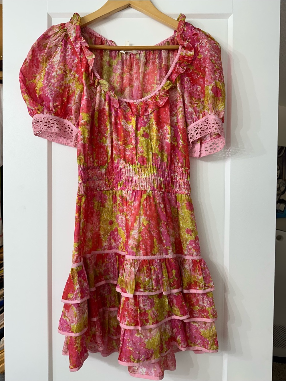 LoveShackFancy Pink Floral Tiered Puff-Sleeve Sundress S
